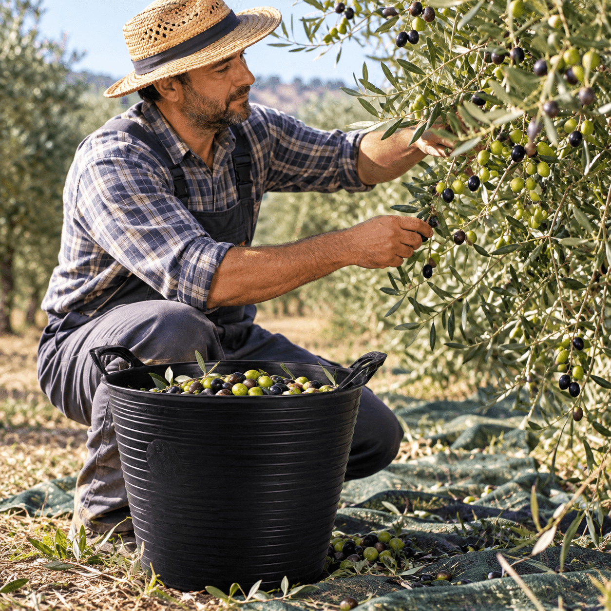 Olivar con un agricultor que recoge aceitunas a mano junto a un cesto lleno