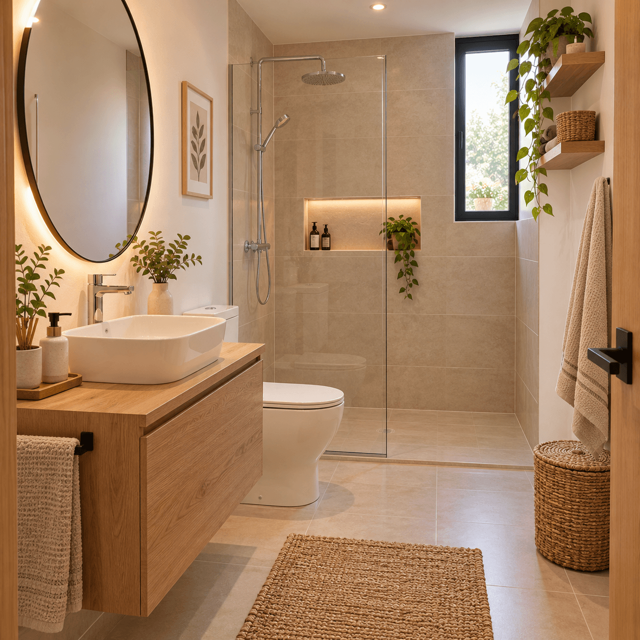 Cuarto de baño luminoso con mueble de madera, lavabo y ducha de cristal