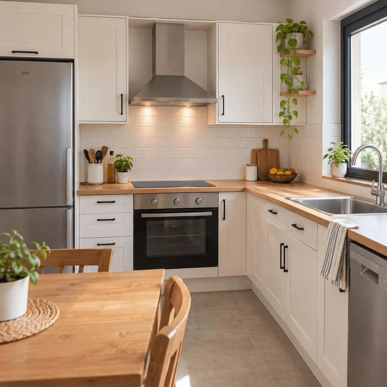 Cocina luminosa con muebles blancos, encimera de madera y electrodomésticos