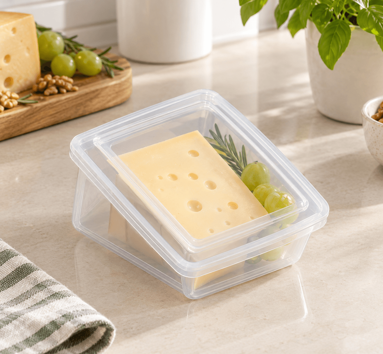 Caja transparente con tapa que guarda una cuña de queso con uvas, sobre una encimera de cocina