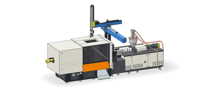 Illustration of our plastic injection moulding machine with 500 tonnes of clamping force, and the Cartesian robot that removes its parts