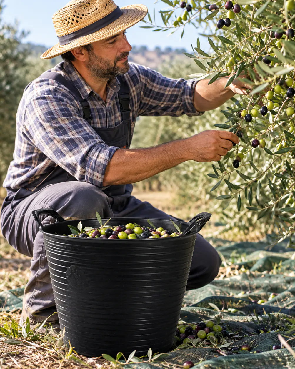 Olive grove with a farmer picking olives by hand beside a full basket