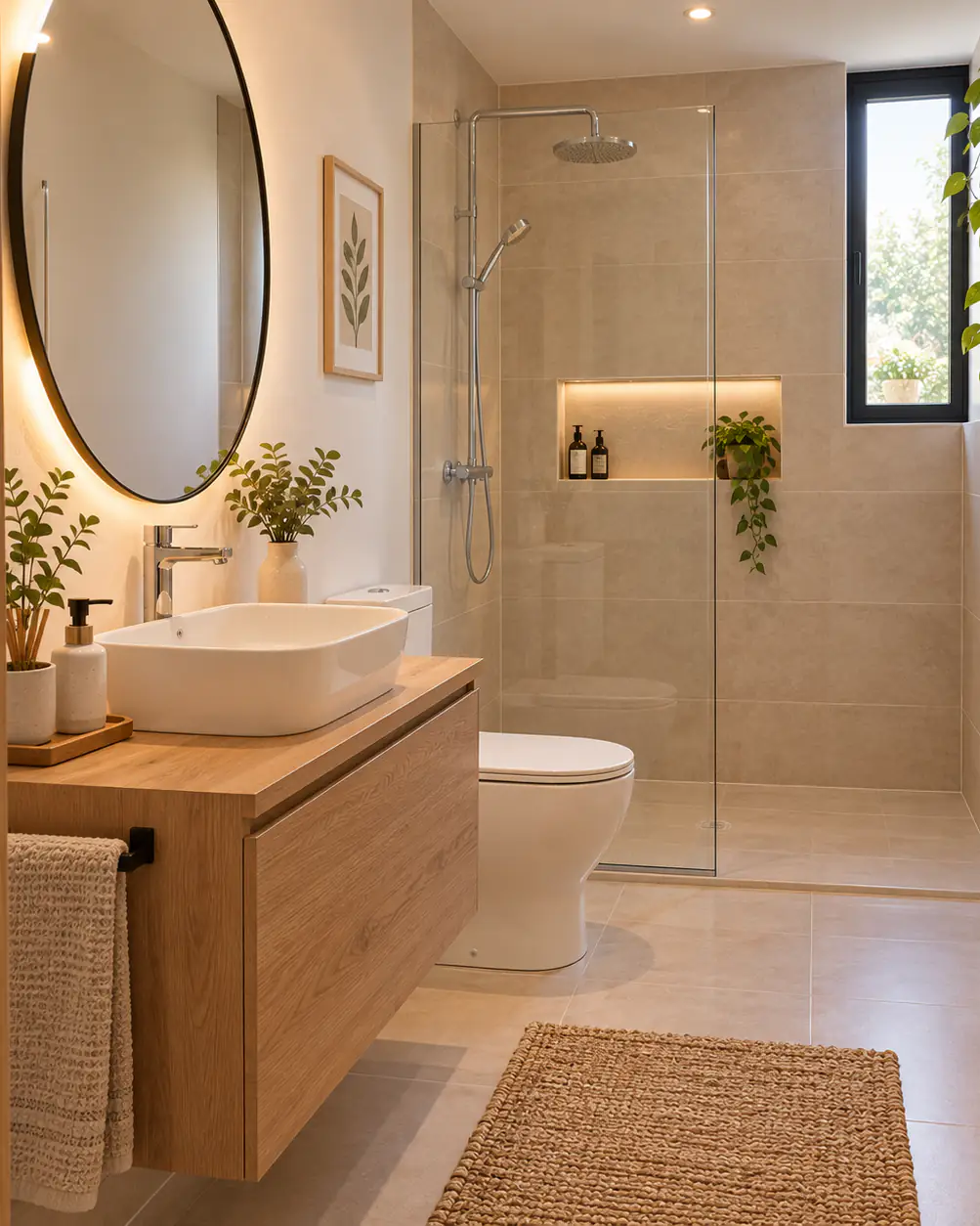 Bright bathroom with a wooden vanity unit, washbasin and glass shower
