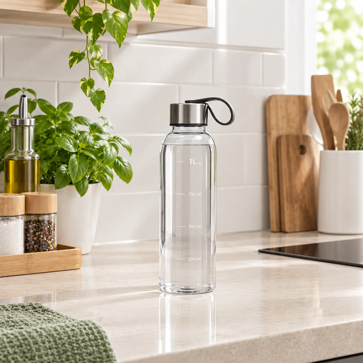 Clear 1-litre bottle with volume markings and a cap on a kitchen worktop