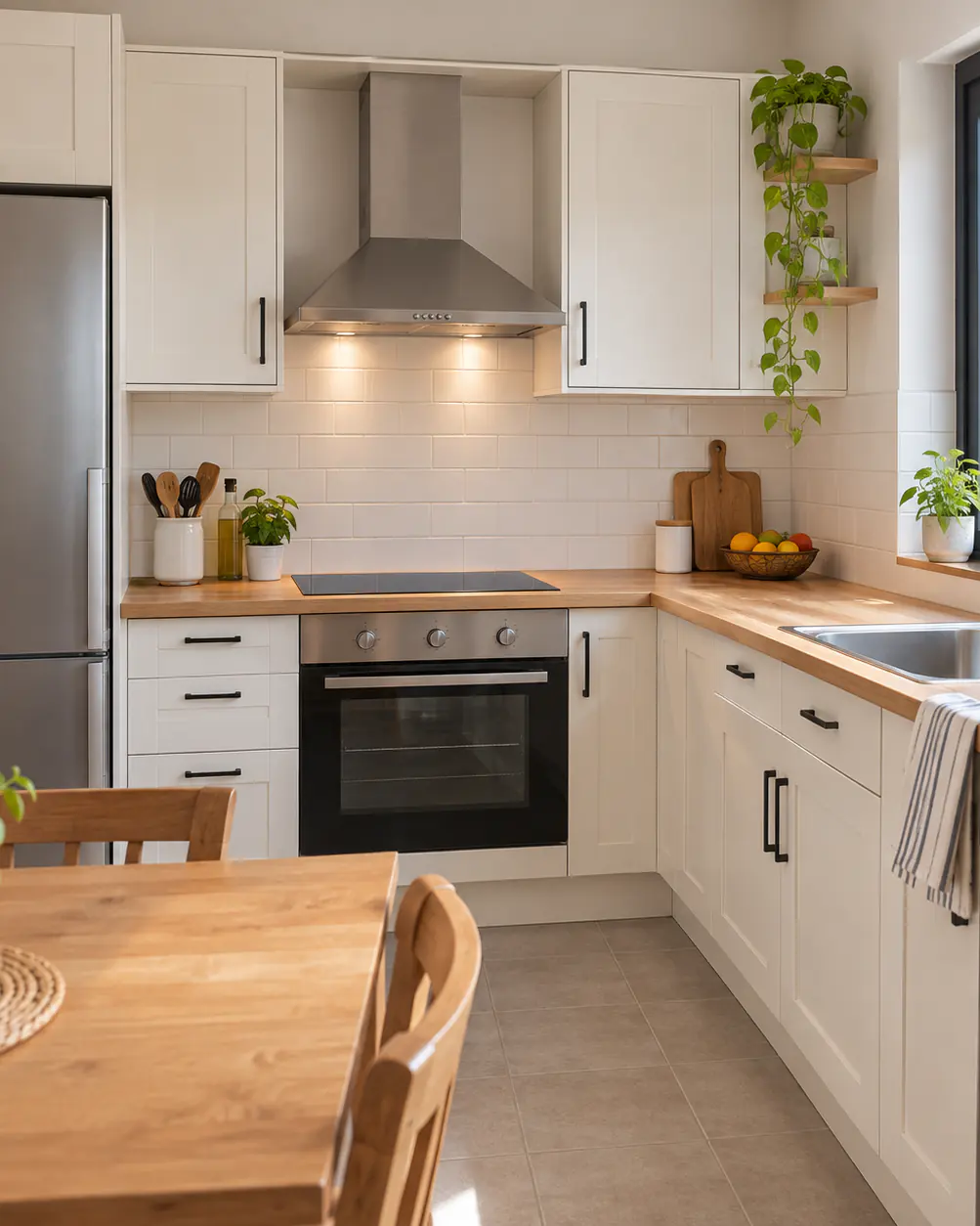 Bright kitchen with white units, a wooden worktop and appliances