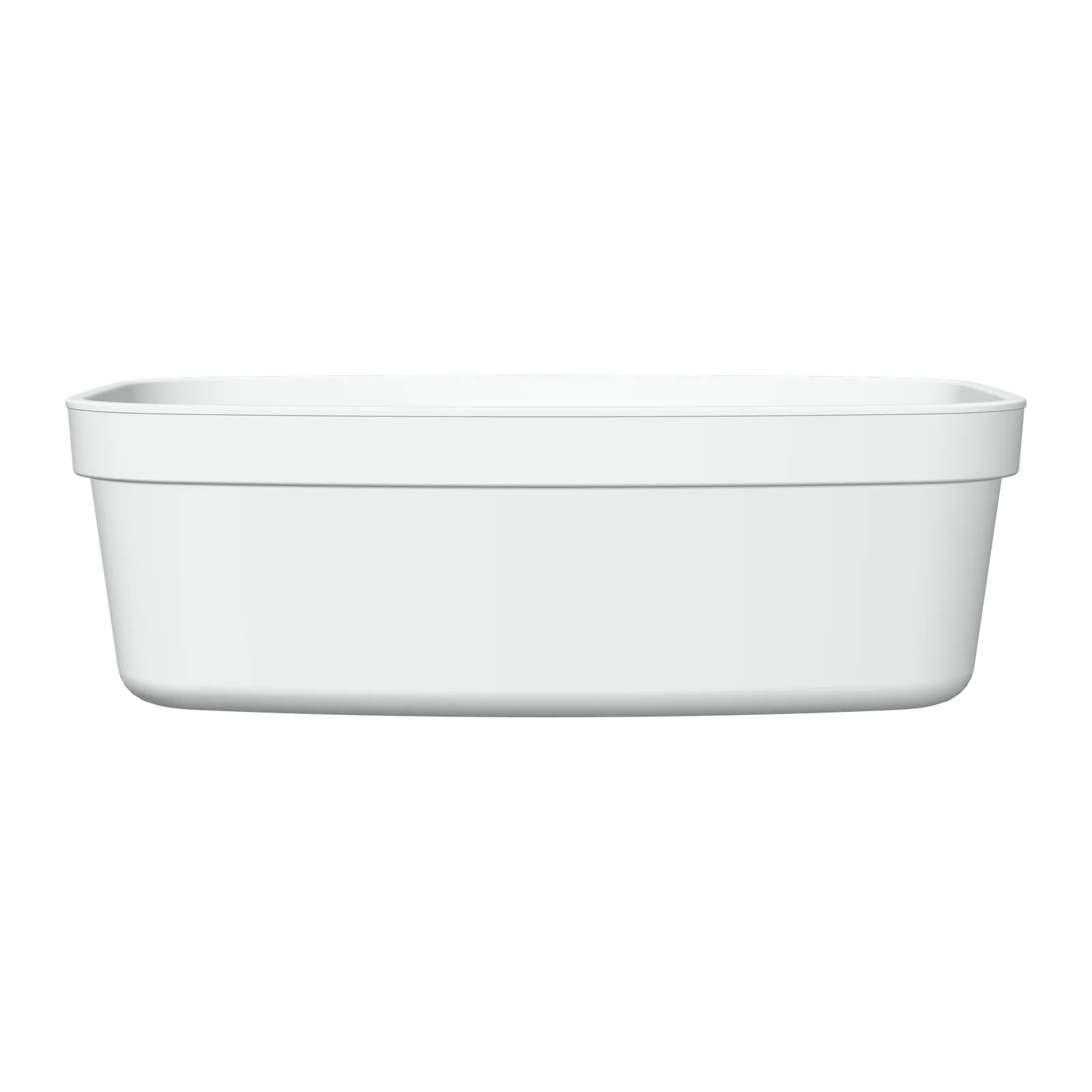 Rendu 3D de la barquette CU 1,5 L blanche vue de face, sur son grand côté de 210 mm, d’une hauteur de 67 mm