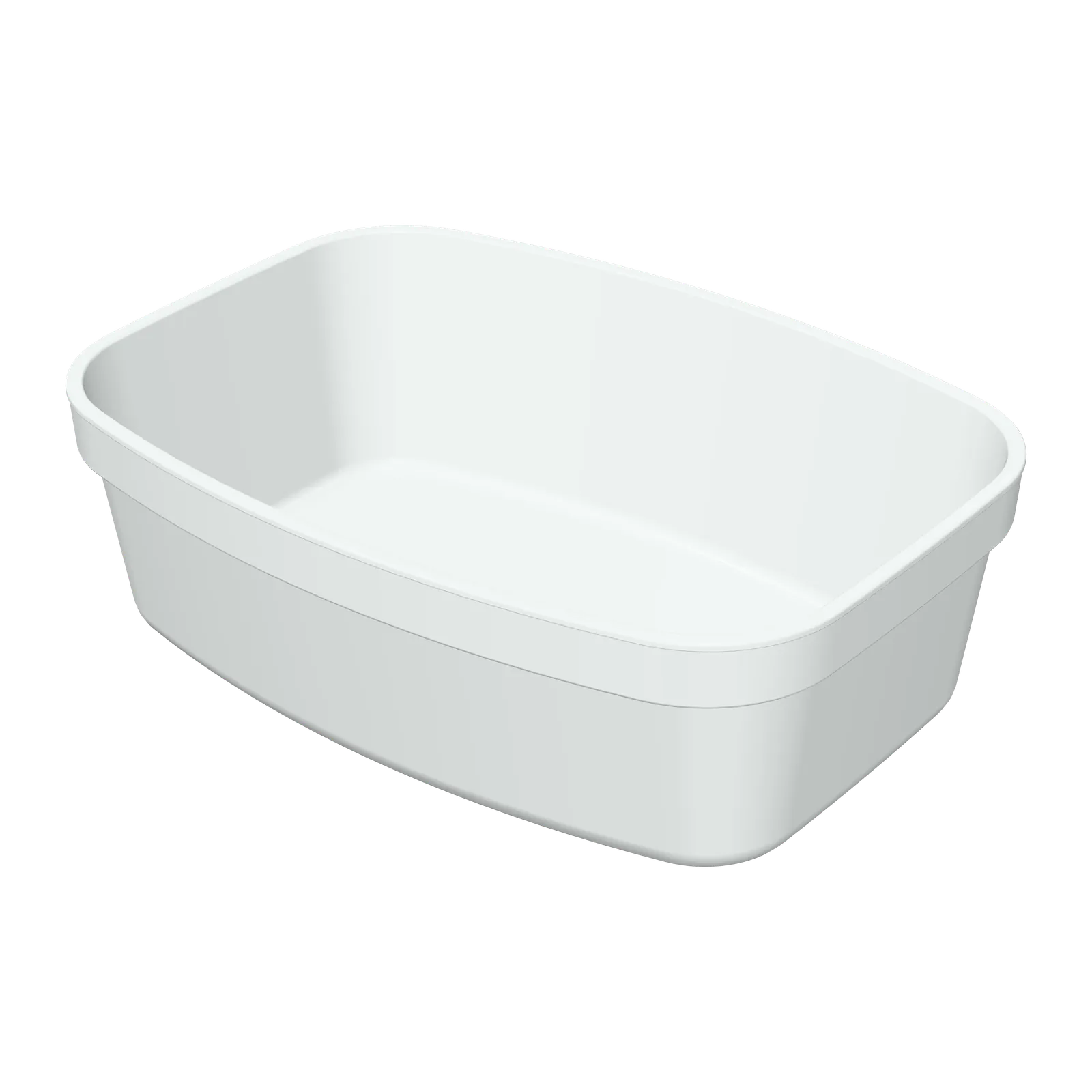 3D render of the white CU 1,5 L tray in three-quarter view from above, showing the flat perimeter flange and the smooth interior