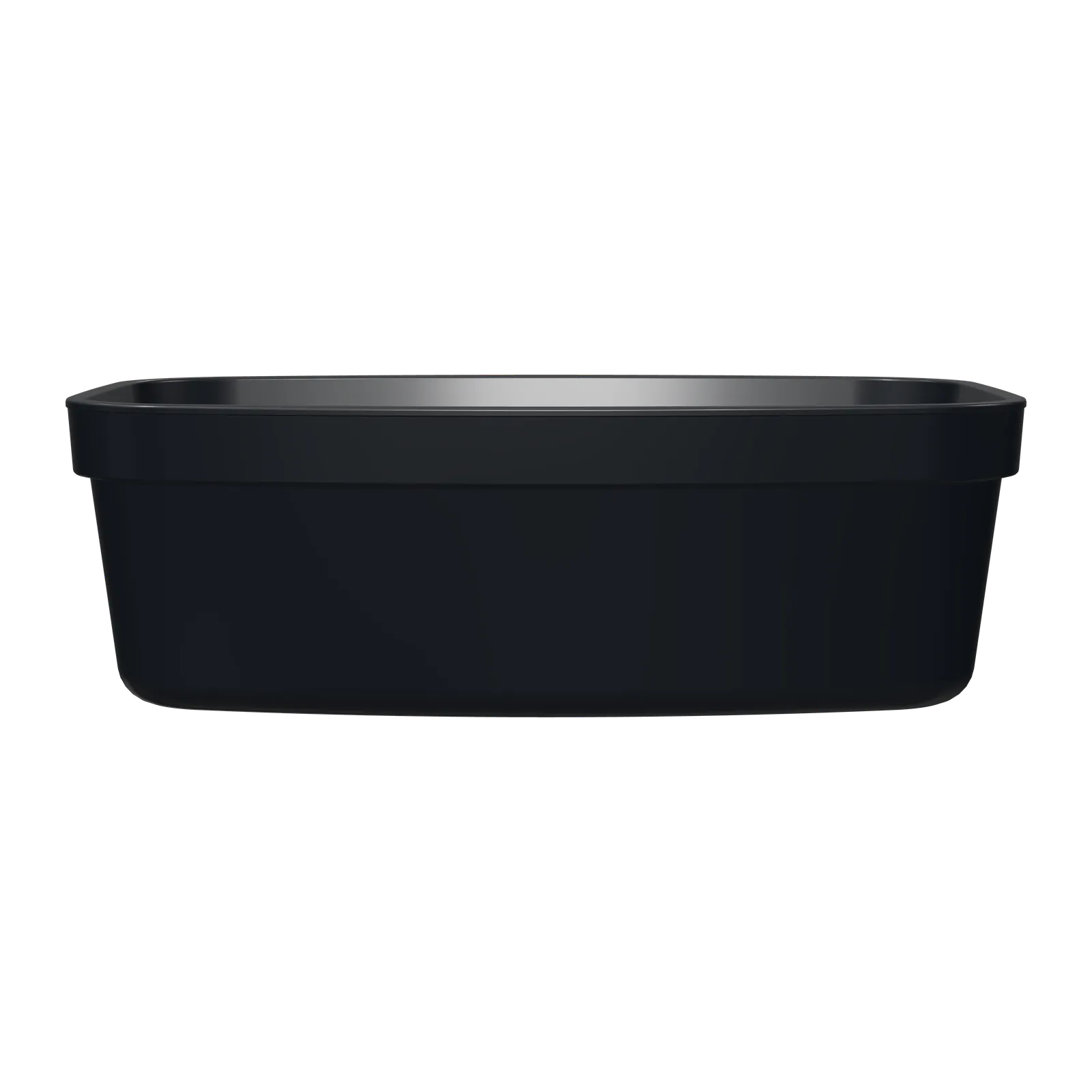 Rendu 3D de la barquette CU 1,5 L noire vue de face, sur son grand côté de 210 mm, d’une hauteur de 67 mm