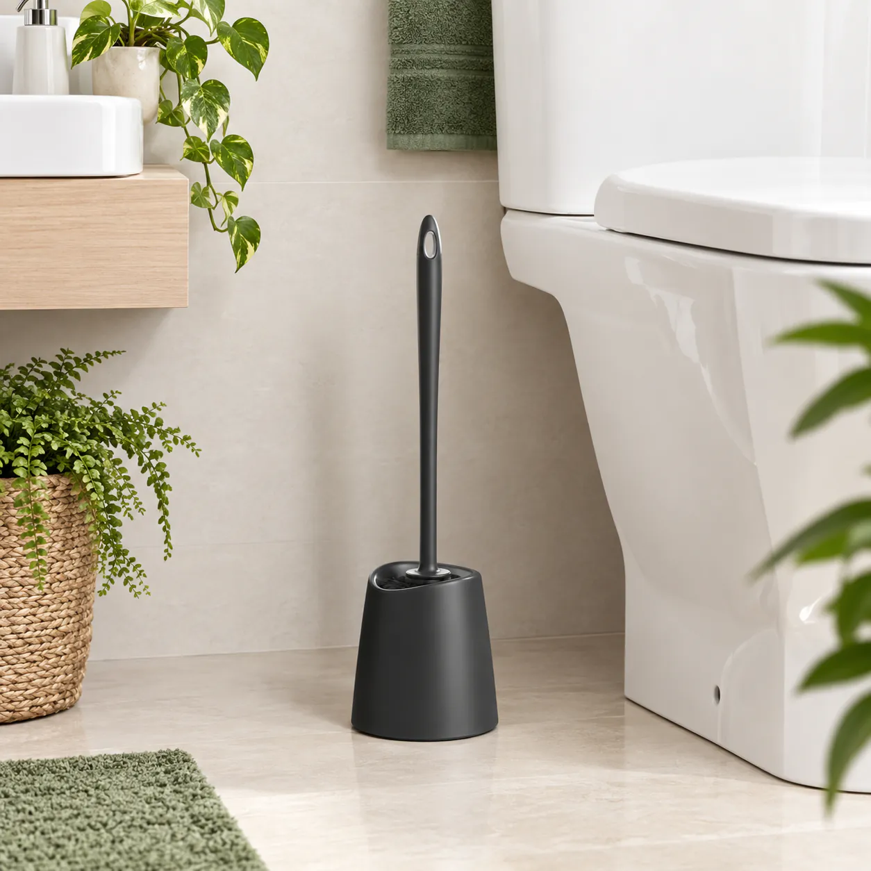 Matt black toilet brush holder with a base and a long handle in a bathroom with plants