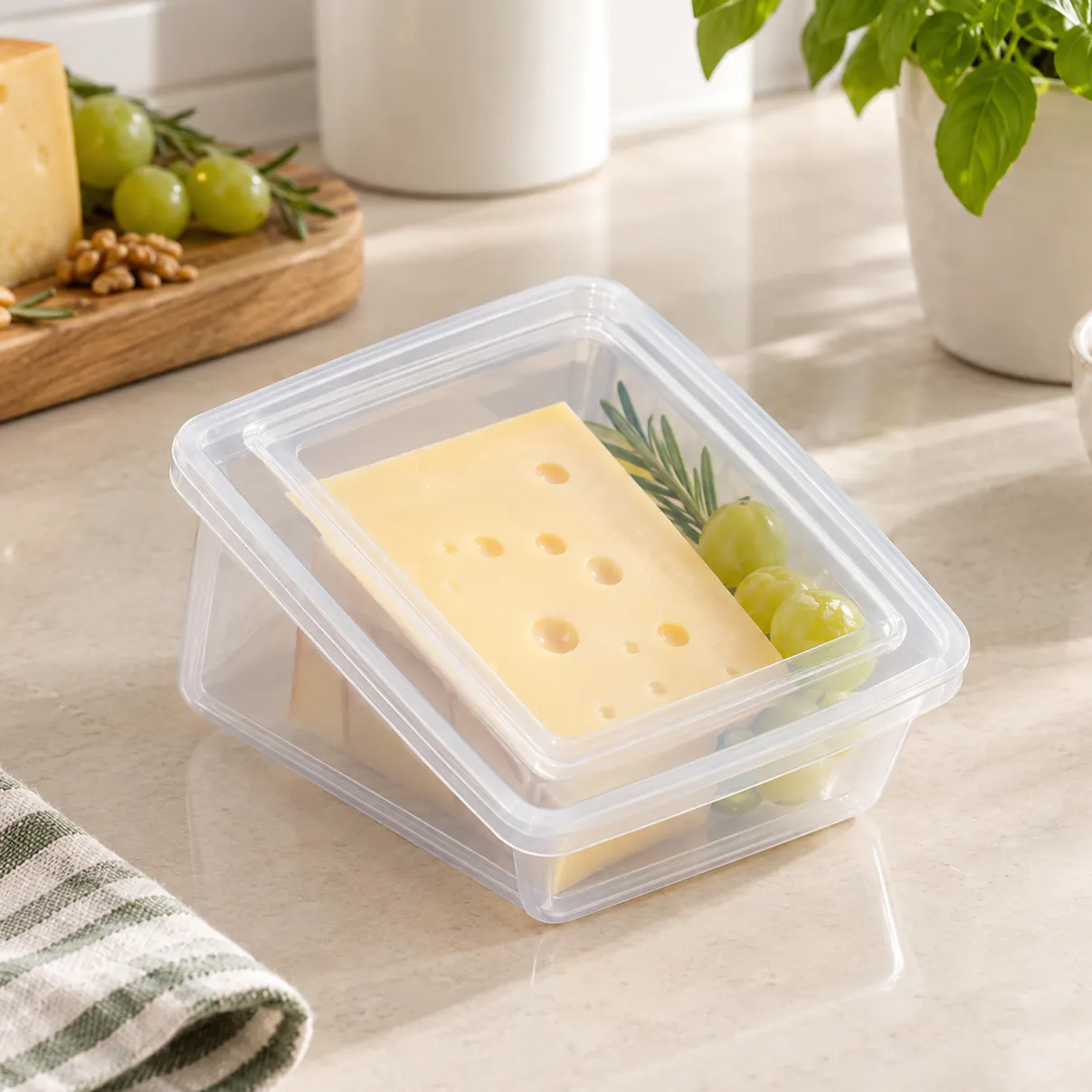 Clear box with a lid holding a wedge of cheese and grapes, on a kitchen worktop
